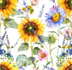 Watercolor sunflowers and wild flowers pattern, white background, seamless pattern