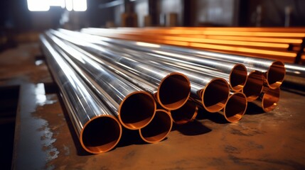 Stainless steel pipes in an industrial warehouse