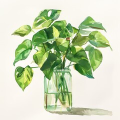 green leafs plants,  propagated in glass containers, white background