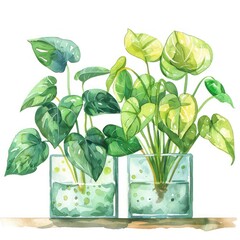green leafs plants,  propagated in glass containers, white background