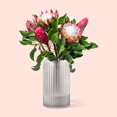 King proteas in glass vase, flower arrangement, home decor