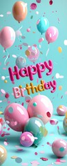 Happy Birthday in playful writing colorful balloons and confetti