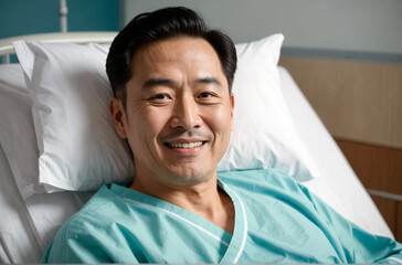 Male senior patient lying smile in hospital bed