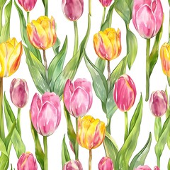 Obraz premium watercolor tulips pattern, pink and yellow tulip flowers with green leaves on white background, seamless pattern