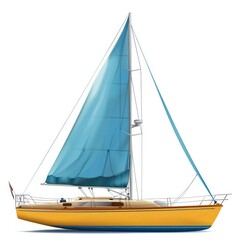 sailing boat with a blue sail and a yellow stern