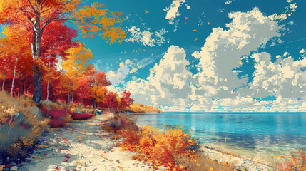 An illustration of a lakeside in autumn. The sky is blue and cloudy and the trees are a mixture of...