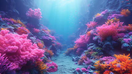 The sun shines down over a coral reef and schooling fish in the Red Sea. Coral reef scenery. Bright...