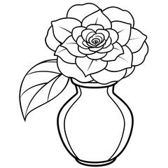 Camellia Flower on the vase outline illustration coloring book page design, Camellia Flower on the vase black and white line art drawing coloring book pages for children and adults