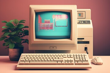 Vintage 1980s personal desktop computer with screen and keyboard,  generated by AI. 3D illustration