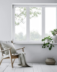 Minimalist interior design composition with natural window light and indoor plants.