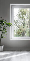 Minimalist interior design composition with natural window light and indoor plants.