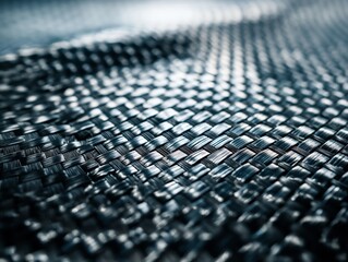 Close view of a woven carbon fiber material with a focus on its texture and patterns.