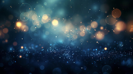 Festive celebration holiday christmas, new year, new year's eve banner template illustration - Abstract gold bokeh lights on dark blue background texture, de-focused. 