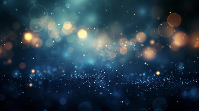Festive celebration holiday christmas, new year, new year's eve banner template illustration - Abstract gold bokeh lights on dark blue background texture, de-focused. 