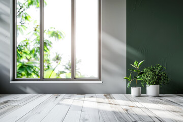 Minimalist interior design composition with natural window light and indoor plants.