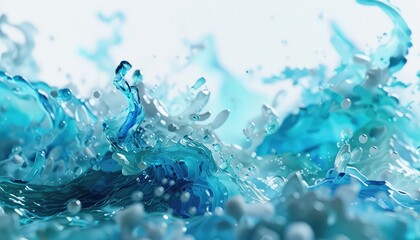 blue splashes of water on white background, in the style of light turquoise collage based, colorful...