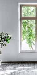 Minimalist interior design composition with natural window light and indoor plants.