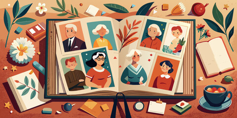 Vintage-Inspired Family Photo Album Illustration with Decorative Elements