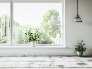 Fototapeta premium Minimalist interior design composition with natural window light and indoor plants.
