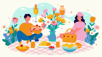 Spring Picnic with Couple Enjoying Blooming Flowers and Fresh Fruits