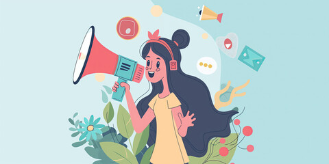 Colorful digital illustration of a cheerful young woman using a megaphone, surrounded by dynamic icons and nature elements, representing lively communication.