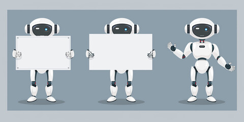 Three robots in a row, each holding a blank white sign, ready for customization with messages or advertisements in a digital illustration.