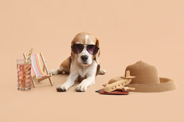 Cute dog in sunglasses lying near cocktail and travel accessories on beige background
