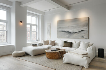 Sleek NYC Loft Living Room with Wall-Mounted Art and Monochrome Palette, Enhanced by Natural Evening Light