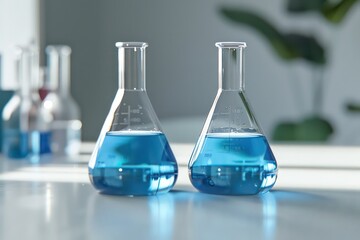 laboratory beakers with blue liquid