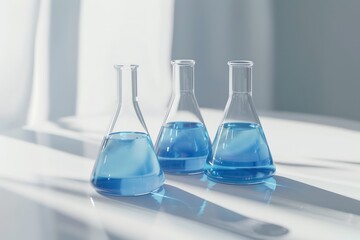 laboratory beakers with blue liquid