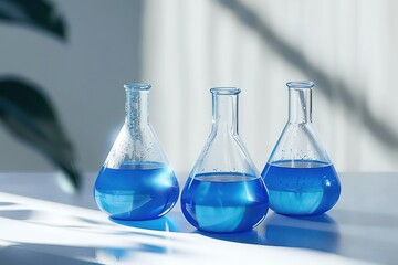 laboratory beakers with blue liquid