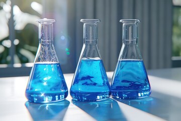 laboratory beakers with blue liquid