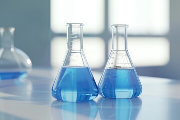 laboratory beakers with blue liquid
