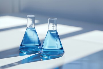 laboratory beakers with blue liquid