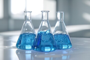 laboratory beakers with blue liquid