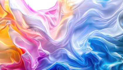beautiful wave abstract 3d art, fluid silk waves in the center, white background, iridescent colors