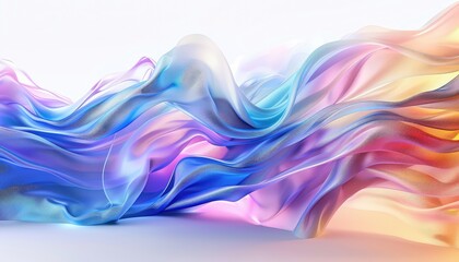 beautiful wave abstract 3d art, fluid silk waves in the center, white background, iridescent colors