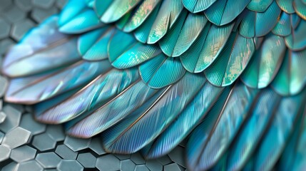 Delicate blue hummingbird feathers in hexagonal pattern on slate grey.