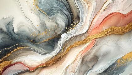 Fluid Artistry: Marbled Elegance, a mesmerising mix of swirling colours, featuring shades of gray, peach, and white, accented with rich gold lines