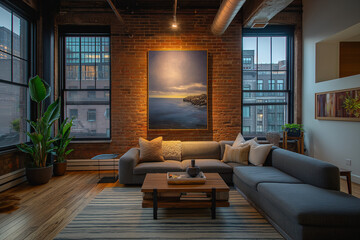 Sleek NYC Loft Living Room with Wall-Mounted Art and Monochrome Palette, Enhanced by Natural Evening Light