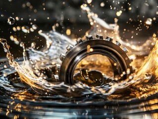 A close-up shot of a metallic gear half-submerged in water, with dynamic water splashes and droplets illuminated against a dark background.