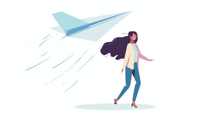Young woman with paper plane on white background Vector