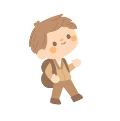 Obraz premium cute students going to school with backpacks. kids going to elementary. brown hair boy wear brown uniform go to Kindergarten School children. vector illustration hand draw.
