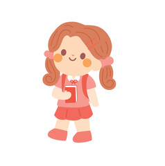 cute students going to school with backpacks and holding book. kids going to elementary. brown hair girl wear pink uniform go to Kindergarten School children. vector illustration hand draw.