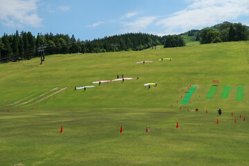 夏のスキー場のゲレンデでパラグライダーをする人たち