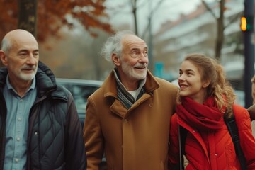 Senior couple walking in the city with their teenage daughter in autumn.
