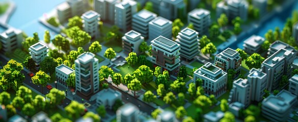 isometric view of a city with green trees and buildings, using a white color theme, with a tilt...