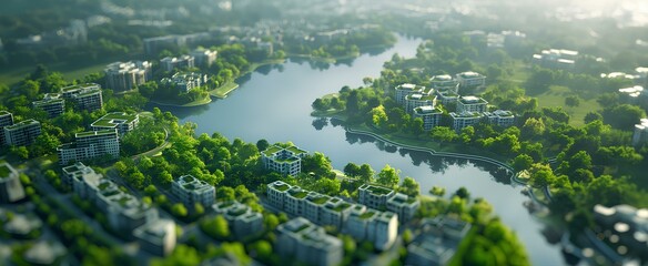 isometric view of a city with green trees and buildings, using a white color theme, with a tilt shift and bokeh effect. shown from an aerial perspective. generative AI - Powered by Adobe