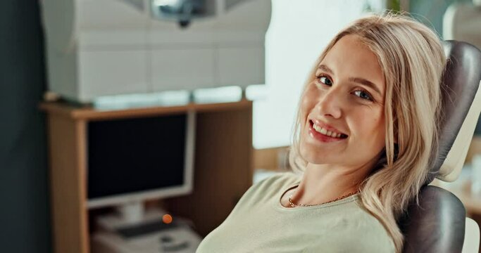 Healthcare, face and woman at dentist for dental care, oral hygiene or teeth whitening service at clinic. Smile, portrait and patient in chair for consultation, examination or checkup at orthodontist