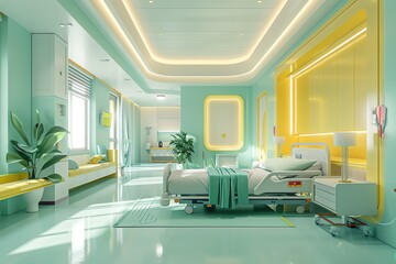 A 3D rendering of a modern hospital room pastel color theme